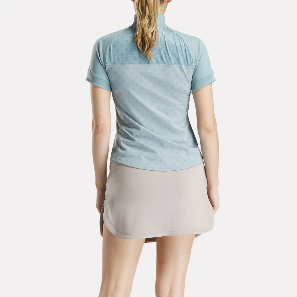 Damen-Kurzarm-Shirt mit 1/4-Reißverschluss und Mini-Argyle-Print Damen-Kurzarm-Shirt mit 1/4-Reißverschluss und Mini-Argyle-Print