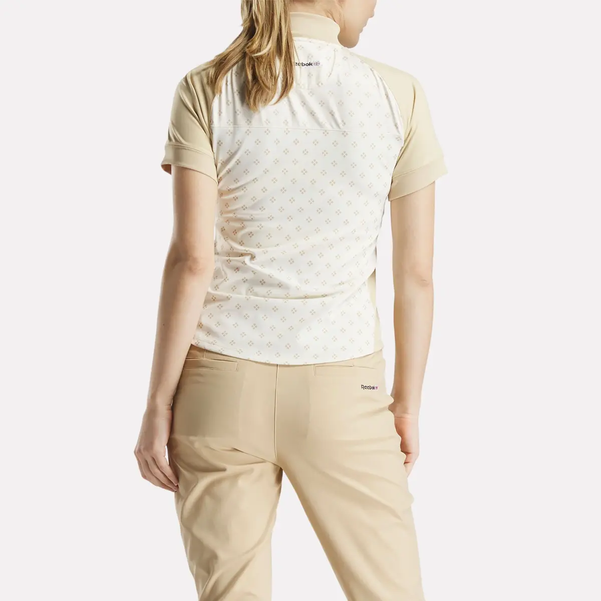 Damen-Kurzarm-Shirt mit 1/4-Reißverschluss und Mini-Argyle-Print Damen-Kurzarm-Shirt mit 1/4-Reißverschluss und Mini-Argyle-Print