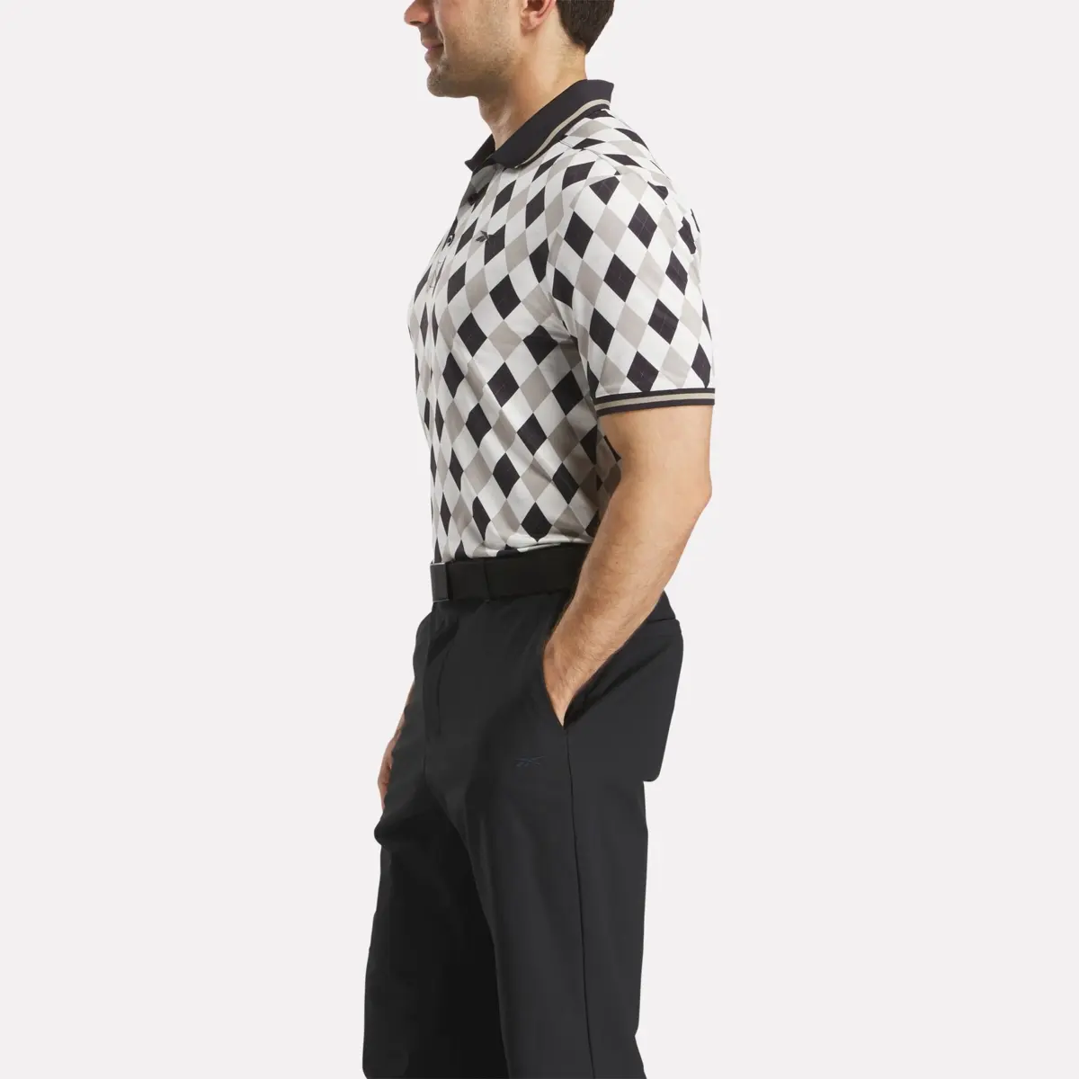 Herren-Kurzarm-Polohemd mit Argyle-Print und geripptem Saum